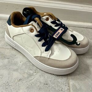 White and Tan Sneakers with Textured Leather and Thick Sole